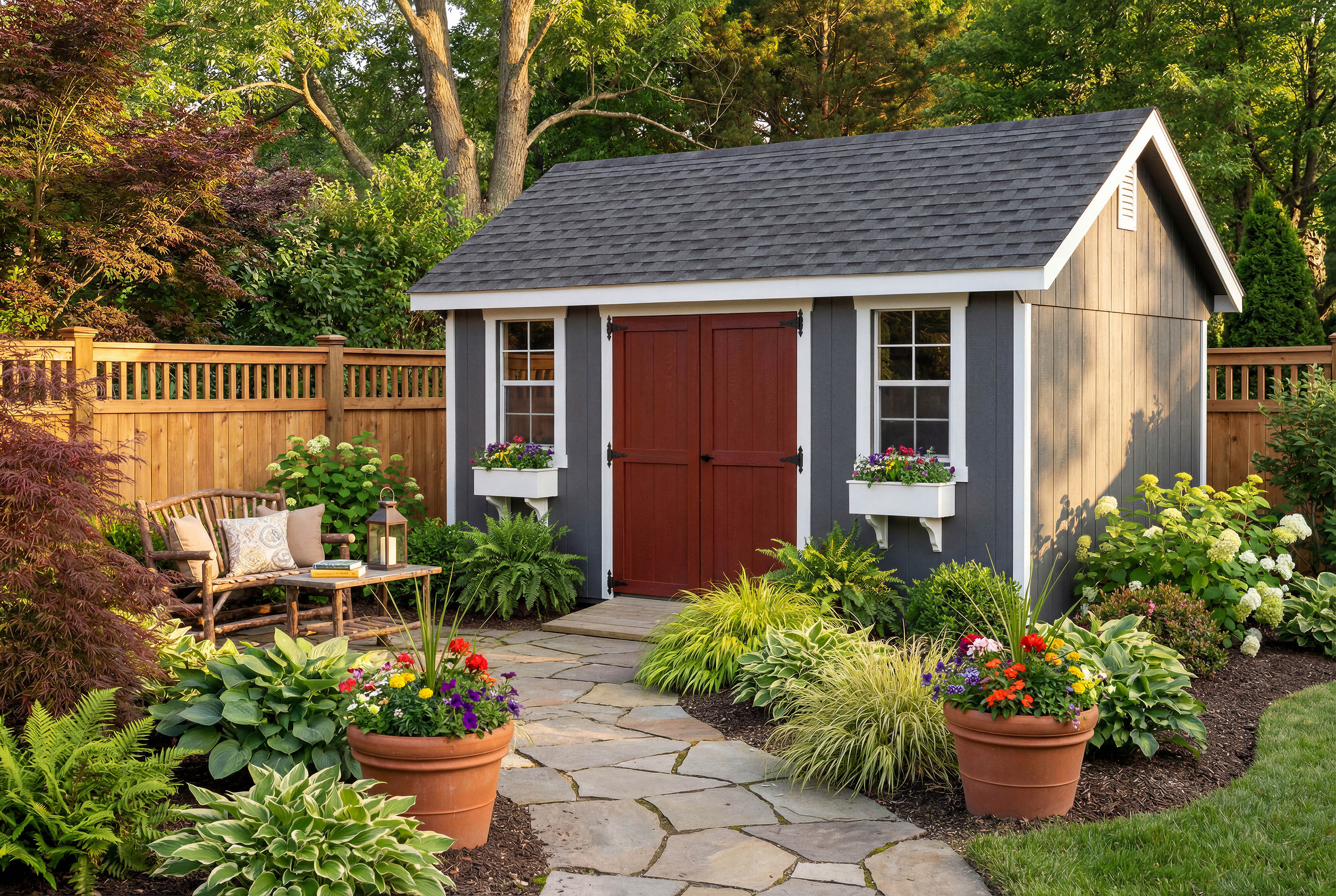 Garden shed visualized in a finished residential setting