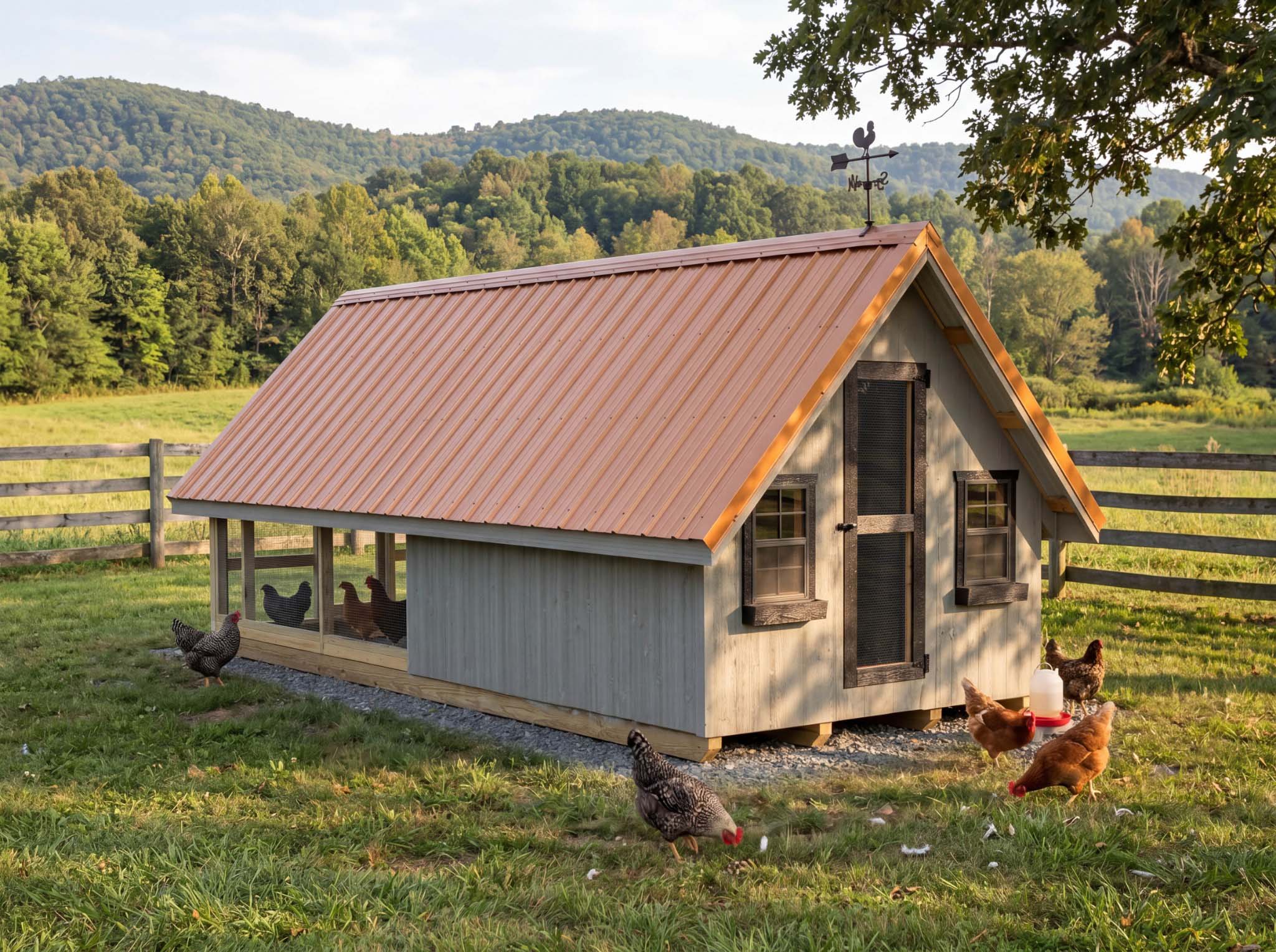 Chicken coop visualized in a rural farm setting