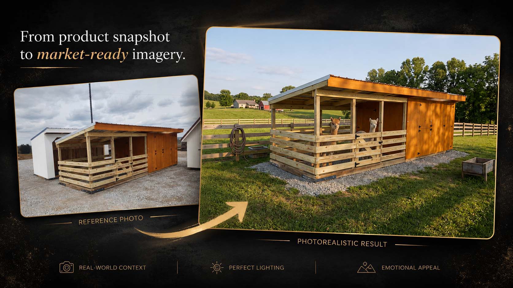 Alpaca shelter transformation from product snapshot to photorealistic market-ready scene.