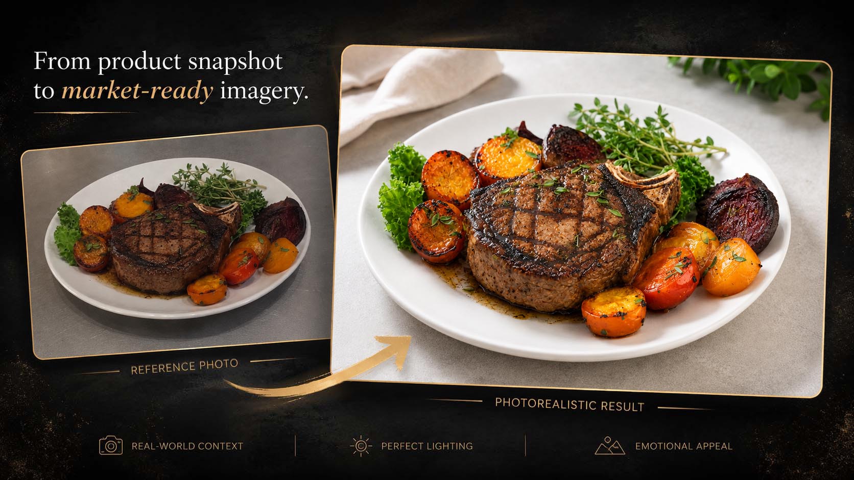 Restaurant food transformation from product snapshot to photorealistic market-ready image.